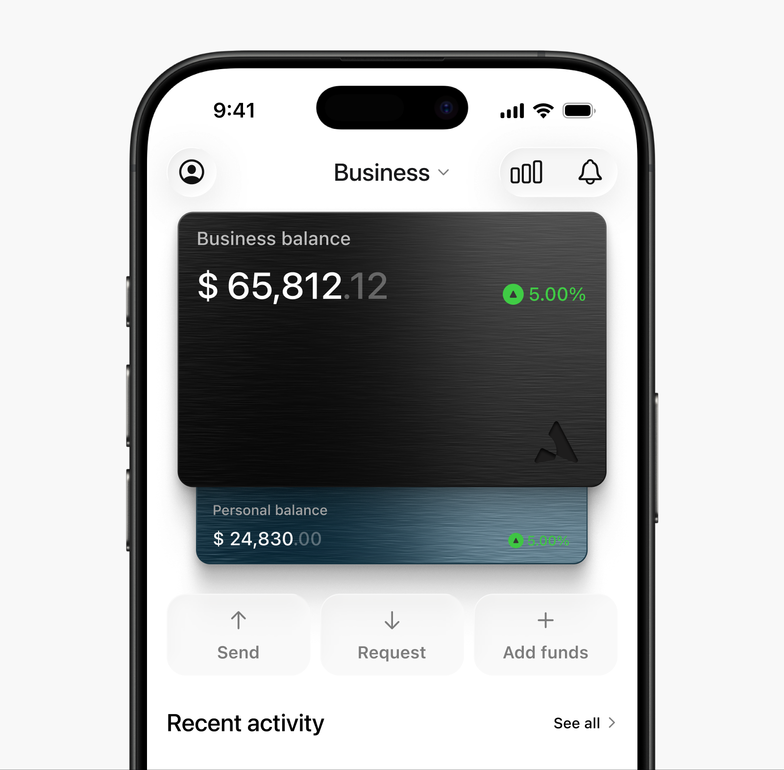 Business and personal balances on one screen, with the actions under them.