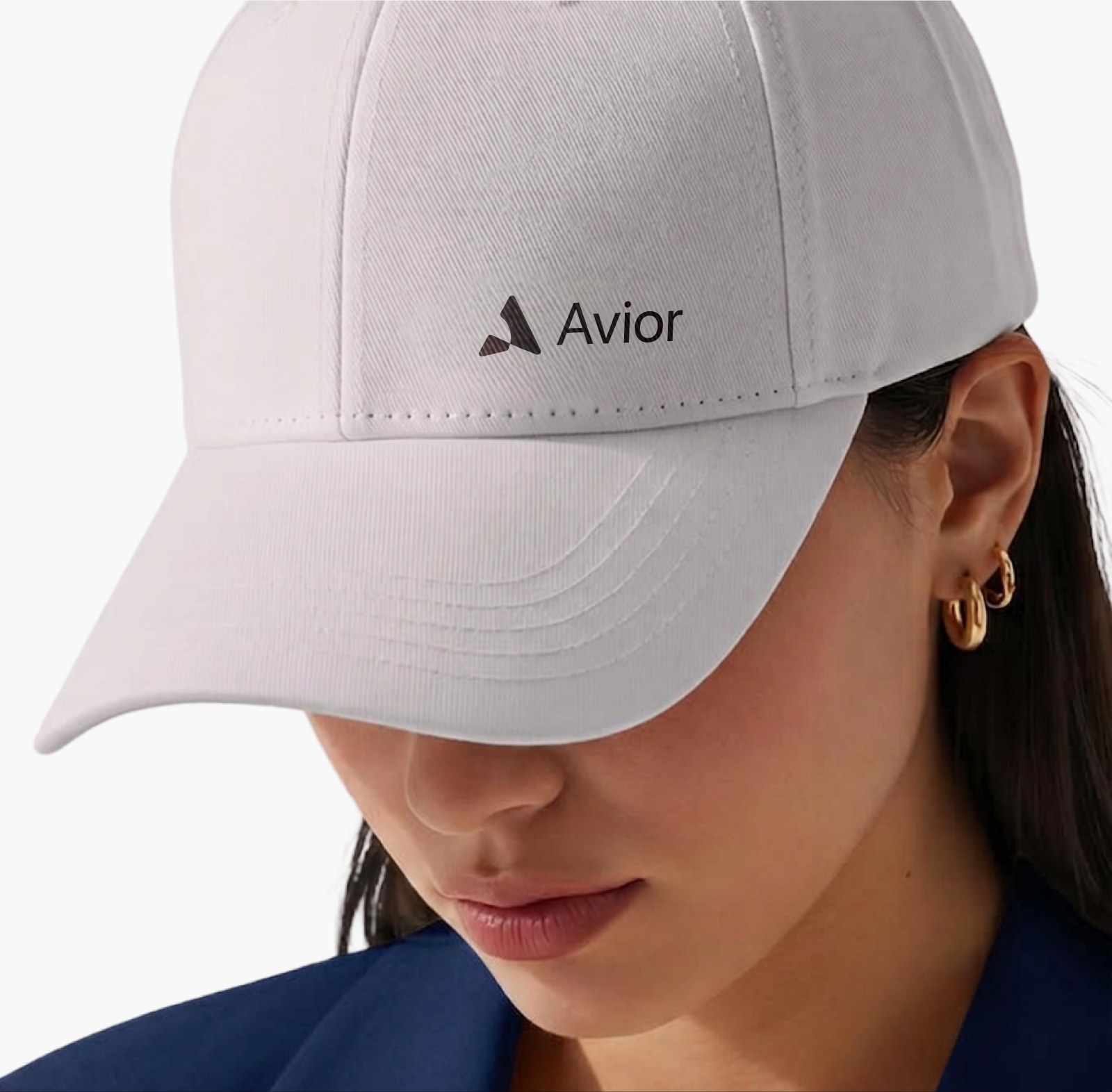 The Avior wordmark embroidered on a white cap.