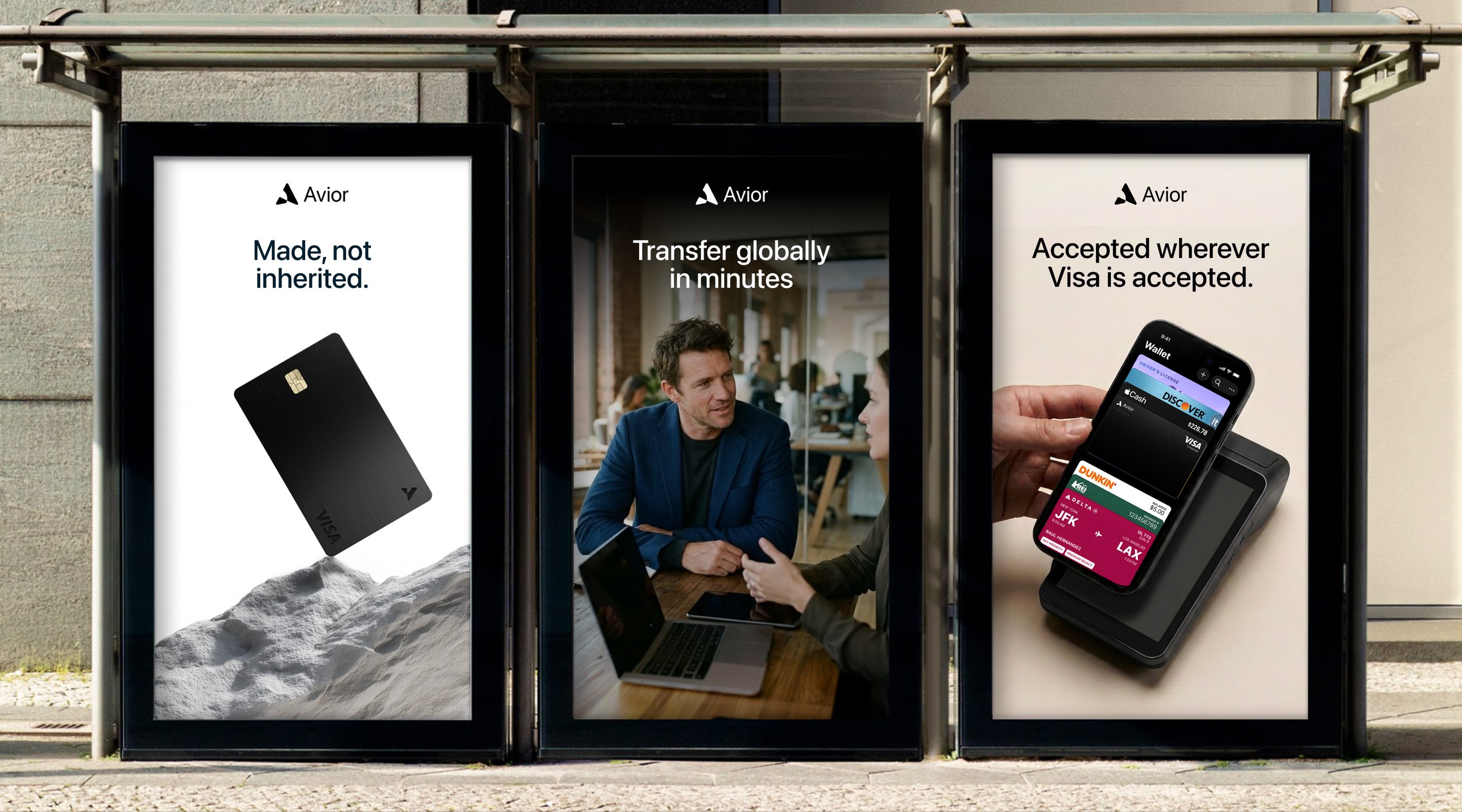 Three Avior posters in a row of bus shelters, one claim on each.