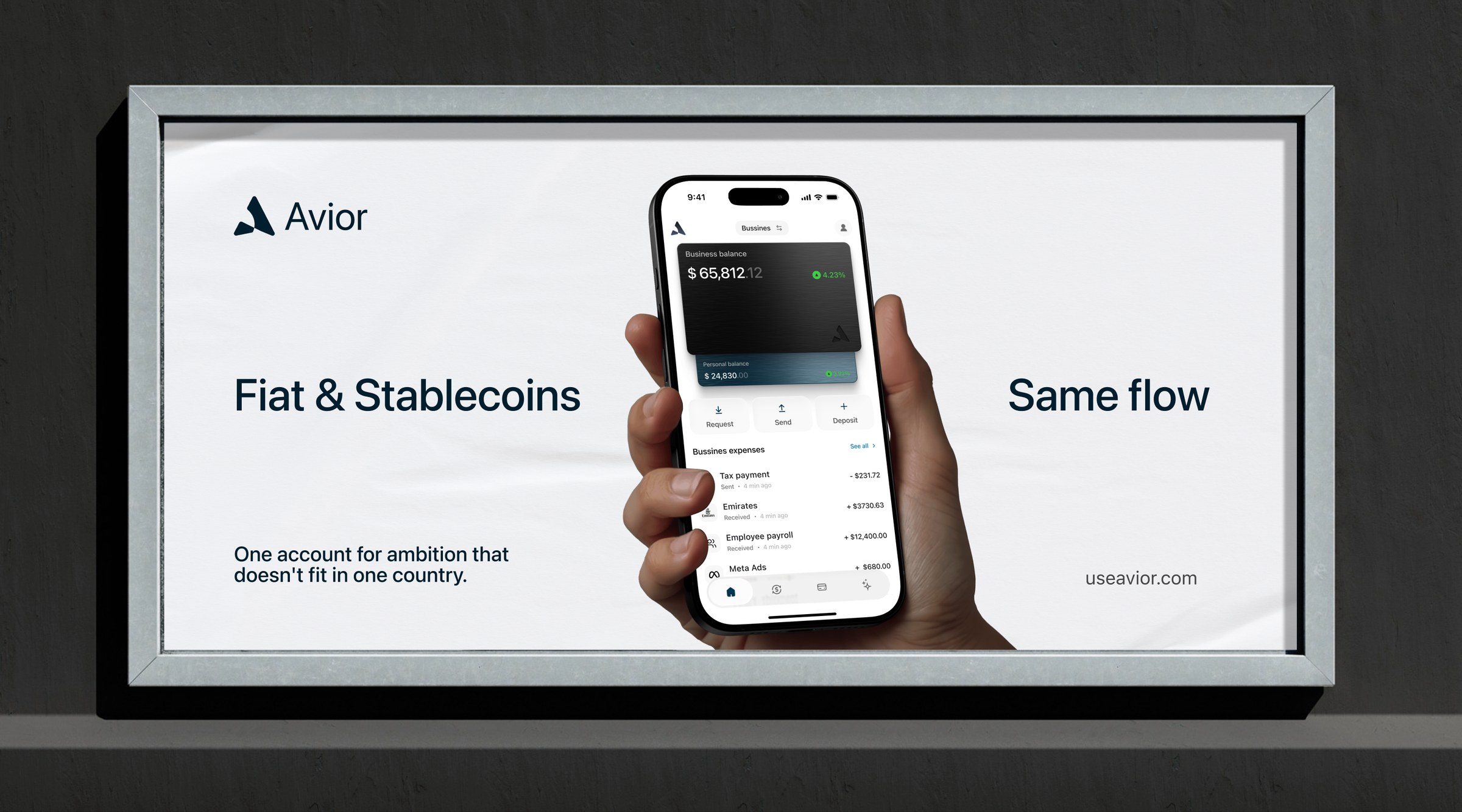 Fiat and stablecoins, same flow: the pitch on a screen with the app beside it.