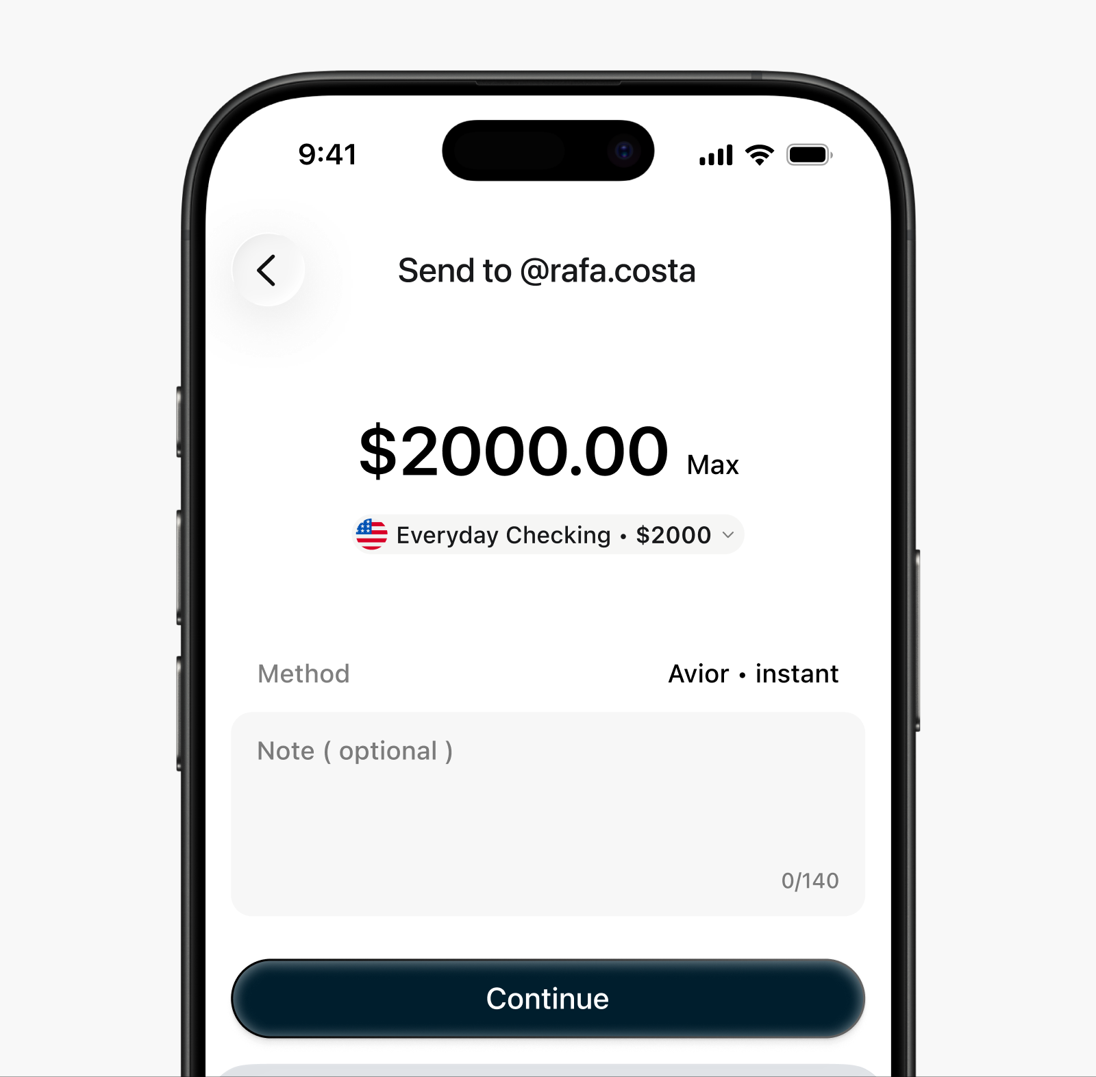 Sending two thousand dollars: one amount, one method, one button.