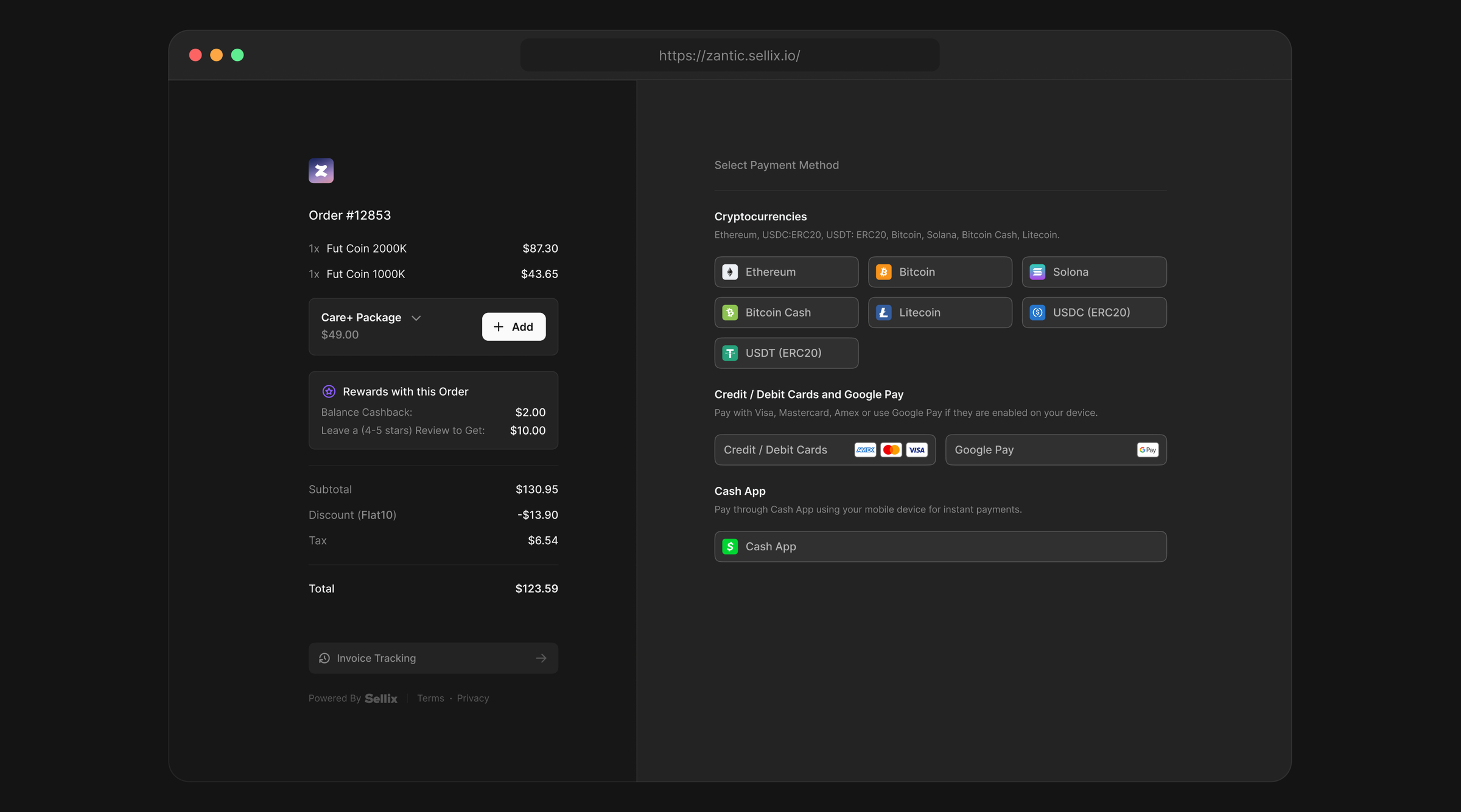 The embedded checkout, open on an order and asking for a payment method.