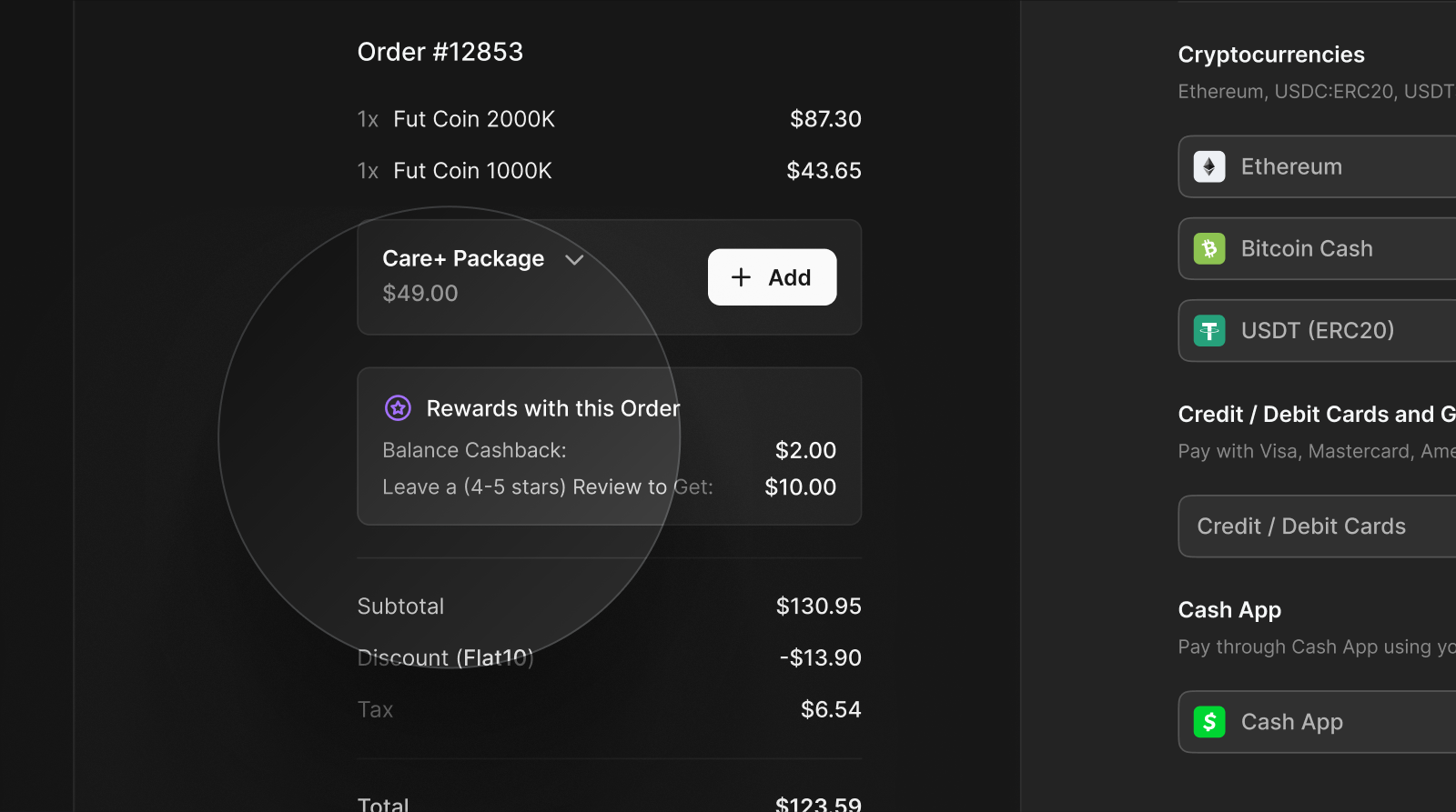 An order summary, with the add-on, the cashback and the total on one plate.