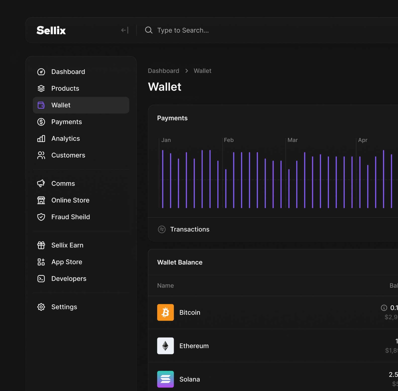 The wallet on the night theme, with the payments chart in purple.