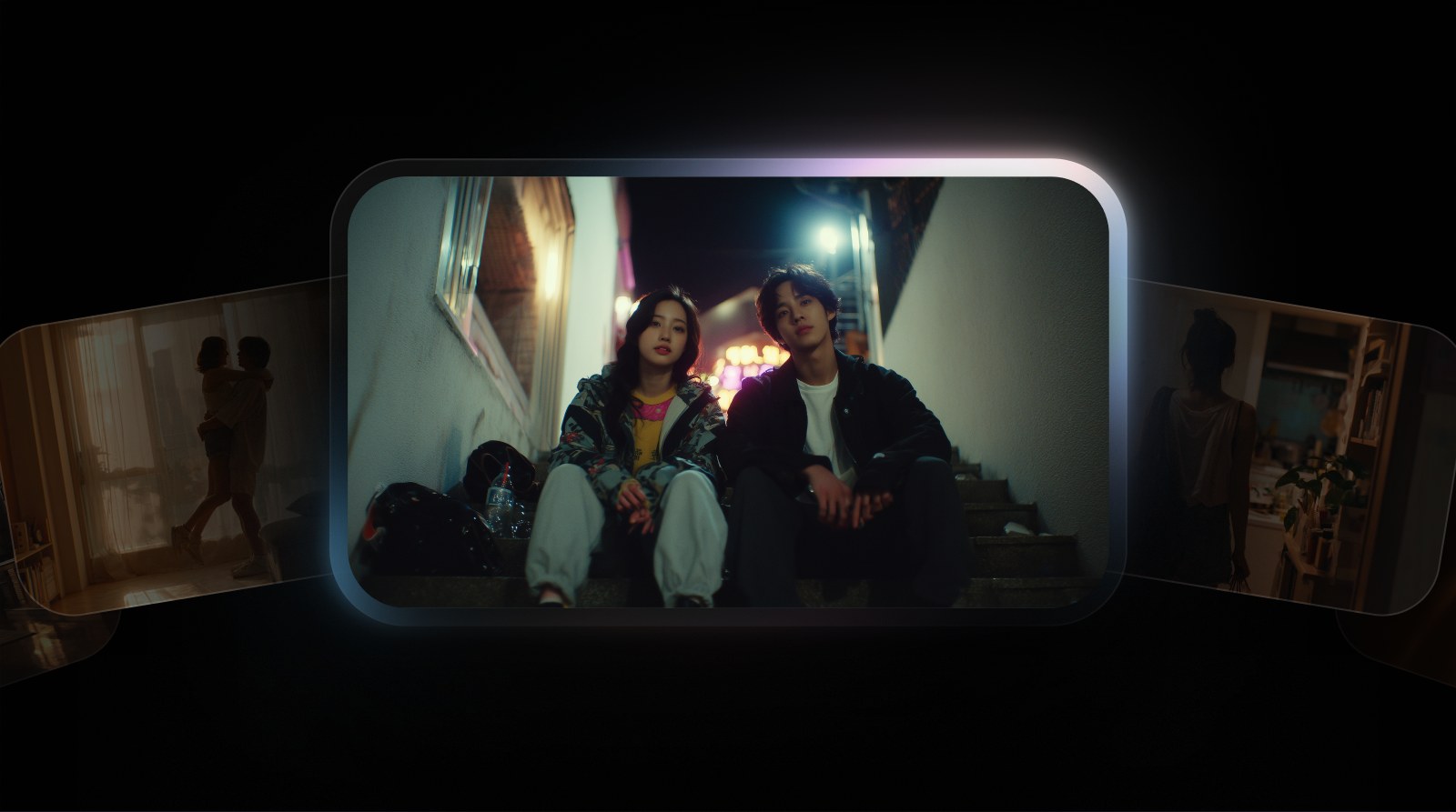 A scene playing on a screen in a dark room.
